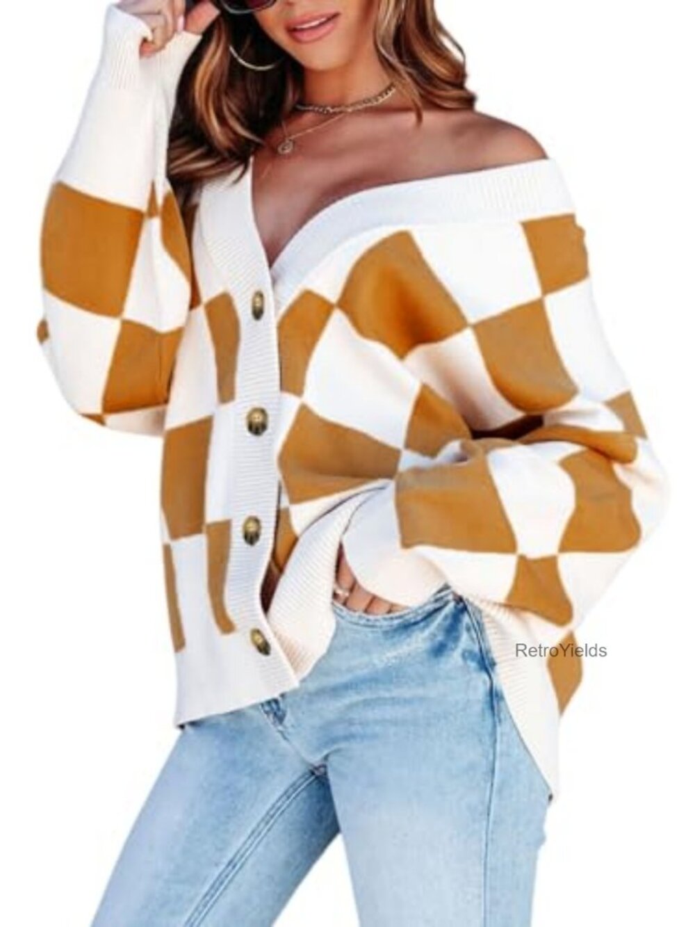 Womens Cable Knit Plaid Button Down Long Sleeve Cardigan Sweater